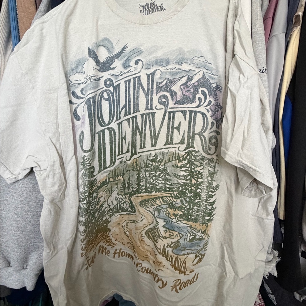 Urban Outfitters John Denver Graphic Tee - Cream with Nature Design